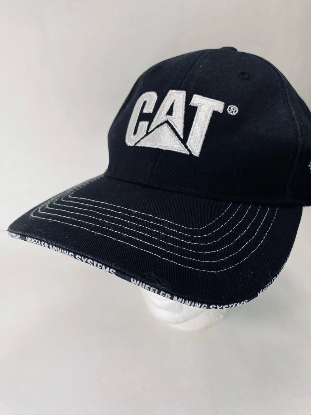 CAT Caterpillar Black Baseball Cap with White Logo and American Flag Patch